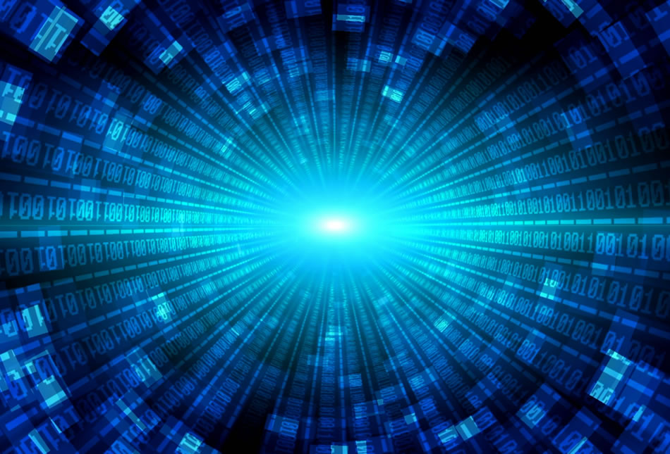 Integrate easily with existing and new business partners Blue and white binary code light spiral graphic