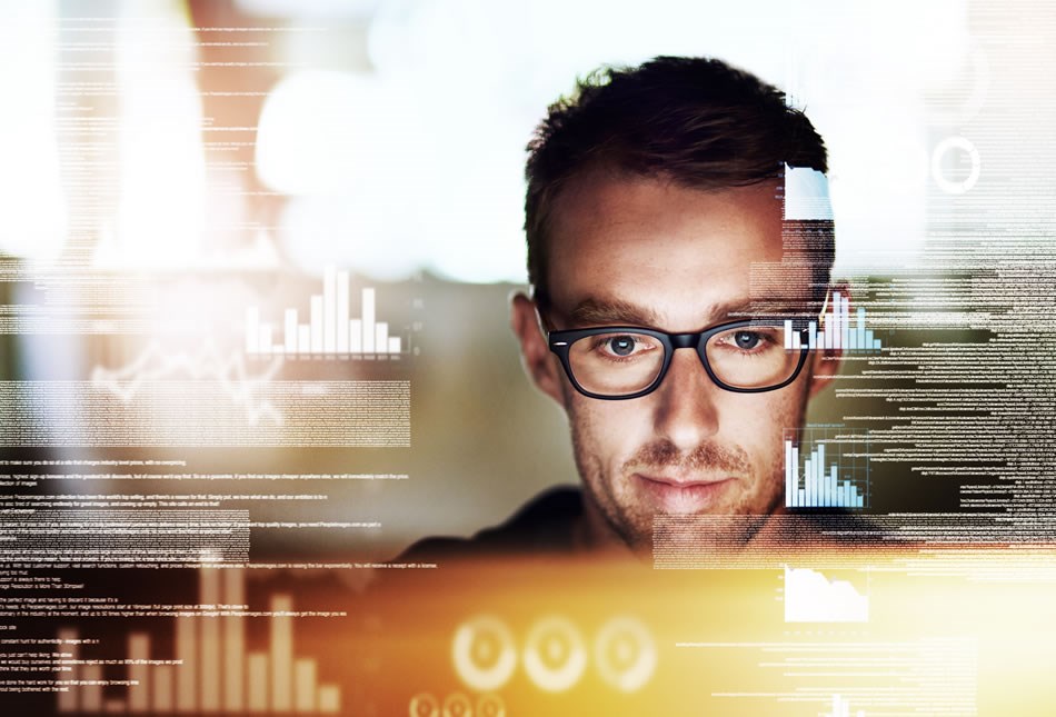 Man's face through computer terminal screens graphic